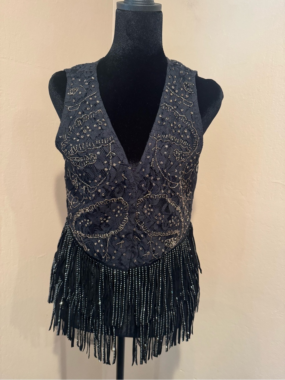 Anthropology Black Fringe and Lace Vest w/Bronze Beadwork Festival Vibes!